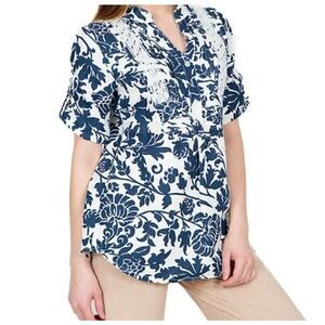 Elena Baldi Navy & White Lace-Accent Linen Button-Front Tunic sz S